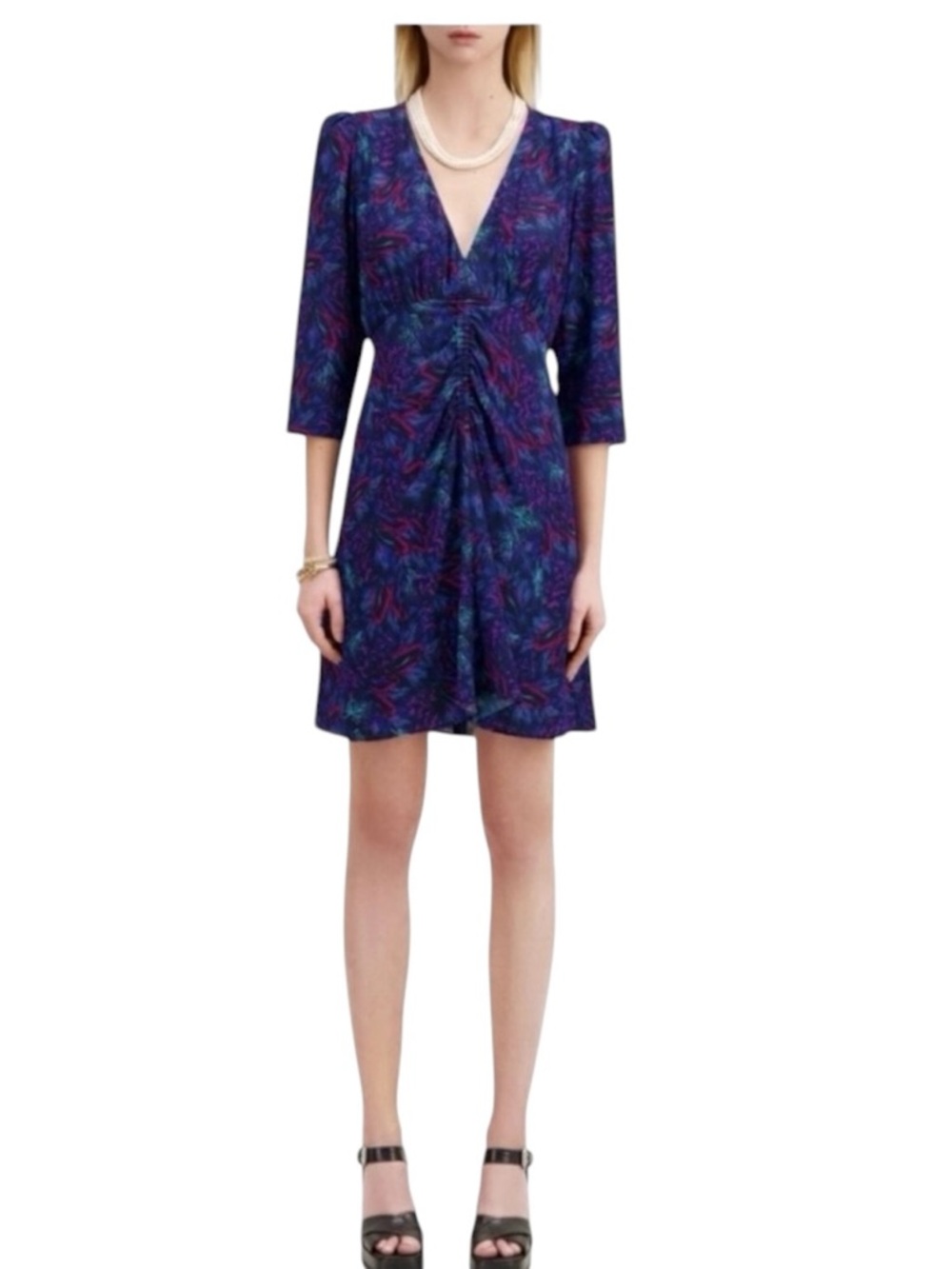 THE KOOPLES 100% Silk Blue Colourful Print V Neck Mini Dress Blue Size XS / 1